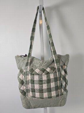Park Designs Shoulder Bag Green Cream Quilted Checked Cottage